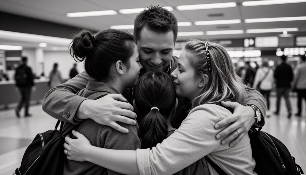 a family reuniting at an airport