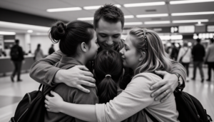a family reuniting at an airport