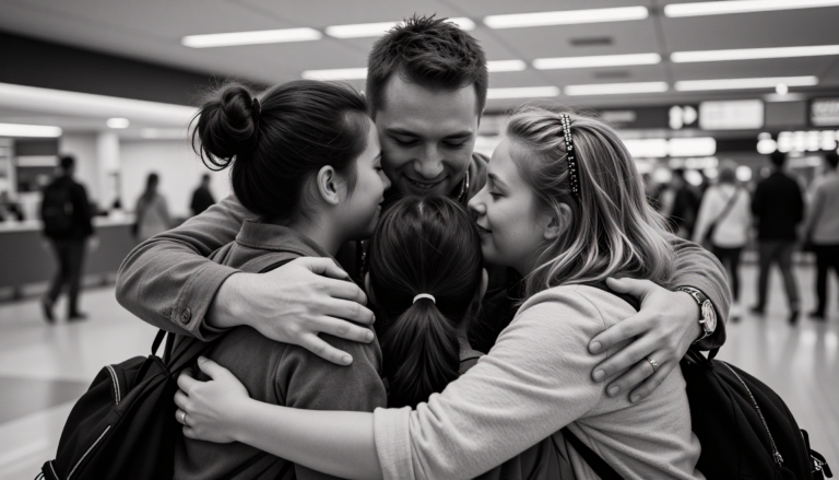 a family reuniting at an airport