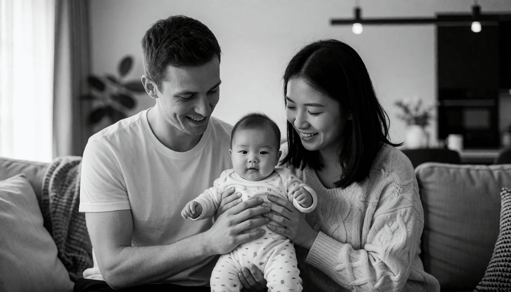 Young immigrant family holding their baby