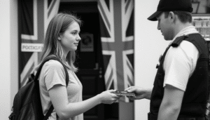visitor visa being handed to a border patrol officer